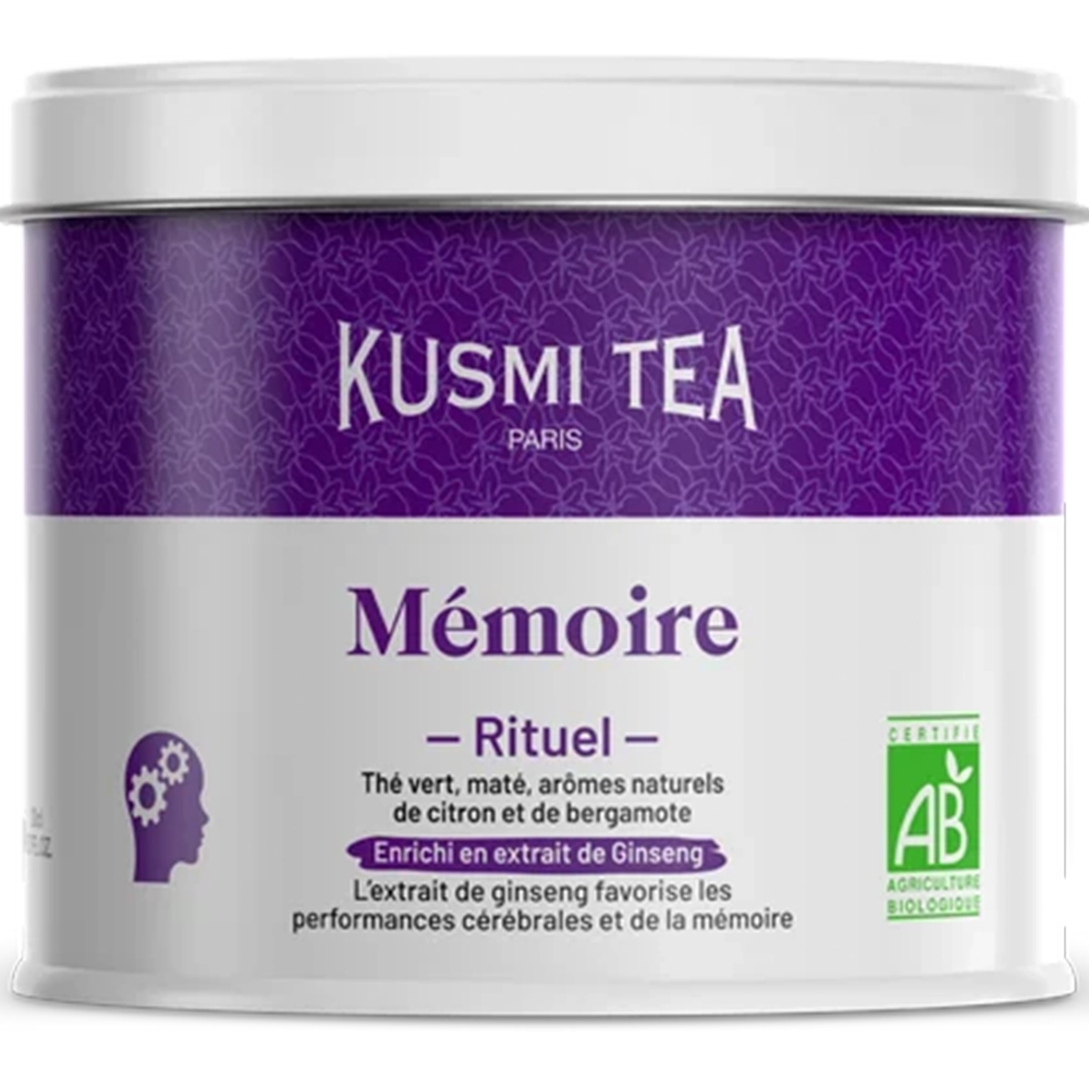 Чай Kusmi Memoire зеленый с мате, экстрактом женьшеня, бергамота и лимона, 100 г, Франция (железная банка)
